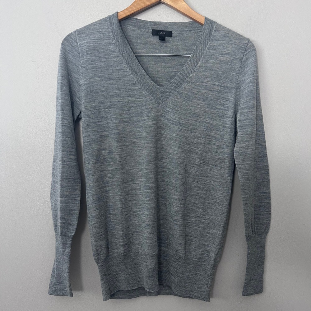 J Crew Sweater Womens Small Gray 100% Merino Wool V Neck Lightweight Pullover